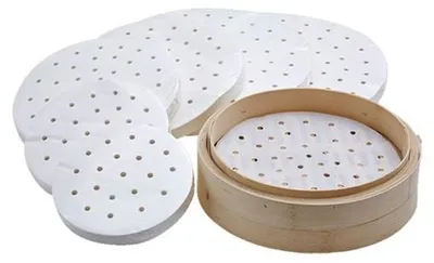 Produktbild von Stückiges, geperforettes Dampfbackpapier, 11 cm, für Bao Buns, Dumplings und Fleischpasteten.