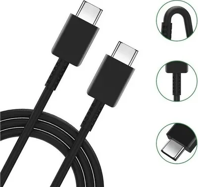 A black USB-C charging cable with two connectors shown against a white background. There are also three circular inset images showing details of the cable.