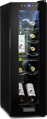A black wine cooler with glass door, showing several bottles of wine inside.
