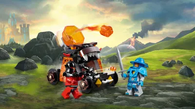 Two LEGO NEXO KNIGHTS figures are engaged in a battle with a chaotic catapult in a fantasy landscape with a volcano in the background.