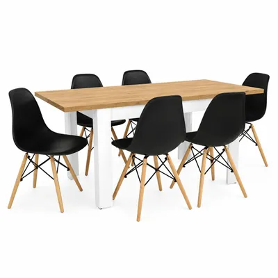 Produktbild von INSPIRO Essgruppe C-2 Eiche Kraft Weiß mit 6 schwarzen SL-02 Stühlen, KI-generiertes Bild