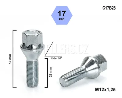Obrázok produktu pre Skrutka kolesa M12x1,25x28 s kužeľom, kľúč 17, C17B28, výška 52 mm
