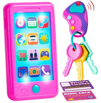 Immagine prodotto di Telefono giocattolo - Interattivo con suoni - Portachiavi elettronico - Per bambini da 1 anno - Set con carta di guida e carta di debito