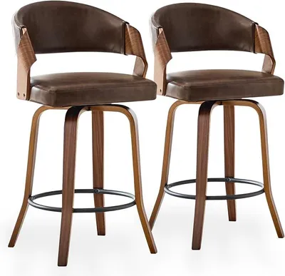 Produktbild von Barhocker 2er Set, 360° drehbare Küchenstühle mit Kunstleder Polsterung, Gebogene Rückenlehne mit Holzarmlehnen, skandinavisches Design (Braun/Kunstleder)