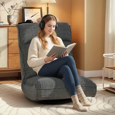 Image de Fauteuil relax pliable, pivotant à 360°, dossier réglable en 5 positions, revêtement en lin, dimensions : 107 x 58 x 79 cm, couleur : gris