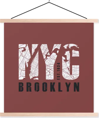 Produktbild von MuchoWow® Textilposter New York - Rot - Karte 40x40 cm mit holzfarbenen Rahmen - Posterleiste