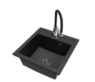 Produktbild von Granitspüle Schwarz mit LUK Armatur Chrom und schwarzem Siphon