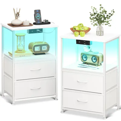 Nachtkast mit LED, 2 USB, Steckdose, 2 Schubladen, 40x30x60 cm, 2er-Set