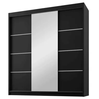 Produktbild von BEAUTYSOFA | Schiebetürenschrank MILO 200 cm mit Spiegel – Kleiderschrank Schwarz, 3 Schiebetüren, 4 Schubladen, 2 Kleiderstangen
