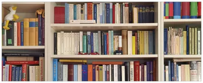 Produktbild von Wallario Premium Glasbild, freischwebende Optik, kräftige Farben, Größe 80 x 32 cm Motiv Weißes Bücherregal mit unterschiedlichen Büchern