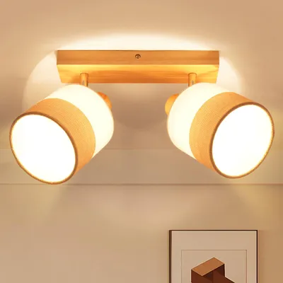 Image de ZMH LED plafonnier,2 flammes,plafonnier couloir bois,E14 plafonnier Vintage Spotlight,tissu,orientable 350° spot plafond,sans ampoules