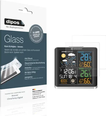 Produktbild von 2x Schutzfolie für Bresser ClimaTemp Digital matt - Anti-Shock 9H Folie dipos Glass Kunststoffglas