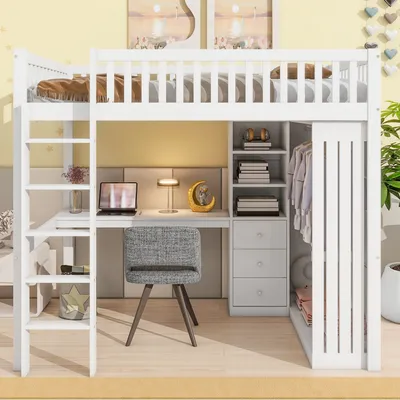 A white loft bed with a desk and closet underneath, set in a room with yellow walls and artwork.