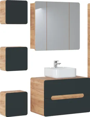 Produktbild von Badmöbel Set ARUBA COSMOS – EICHE-V 80 mit Waschbecken Matt Soft-Close MONTIERT Waschtisch Spiegelschrank 3xHängeschrank