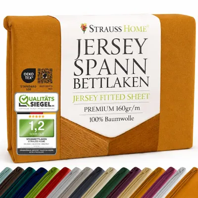 Produktbild von Strauss Home® Premium Spannbettlaken – 160 g/m² Gekämmte Baumwolle – Jersey in Hotelqualität – Formstabil & Langlebig – Rundumgummi – Für Matratzen bis 27 cm – 90x200-100x200 cm - Senfgelb / Dunkelgelb 