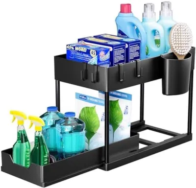 Produktbild von PolkaHome® Aufbewahrungsregal unter der Spüle, Küchenorganizer, 2 Ebenen, mit Auszugschublade, 40 x 22 x 33,5 cm, Schwarz