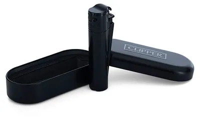 A black Clipper lighter and its case are displayed on a white background.