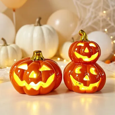Produktbild von Set aus 2 Halloween-Dekorationen in Form von Kürbissen – Keramische Herbstkürbislampen mit gruseligem Gesicht
