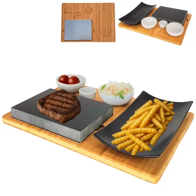 Produktbild von Steaková deska z lávového kamene, servírovací talíř, bambusová deska s horkým kamenným grilem, steaková grilovací deska, kamenná deska, stolní grilovací sada