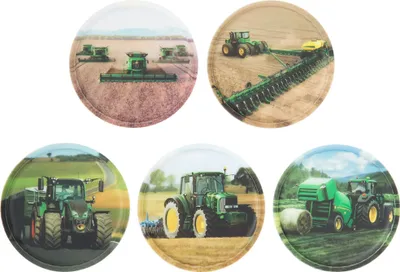 A collage of five round images, each featuring a different agricultural tractor or harvesting machine in a field setting.