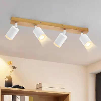 Image de ZMH Spot de plafond 4 flammes blanc Lampe de cuisine bois GU10 Spot mural 350° orientable Vintage Cuisine Spot industriel rétro pour salon chambre couloir (sans ampoule)