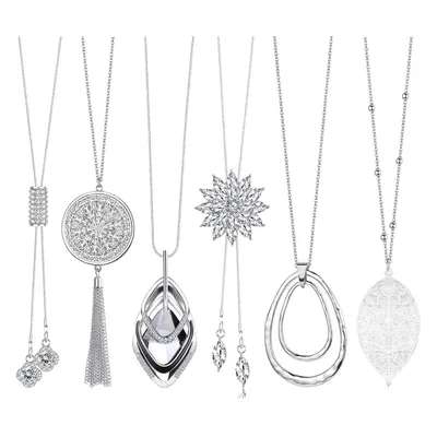 Produktbild von 6 Stück Lange Kette Damen, Modeschmuck Anhänger Halsketten für Pullover, Bluse, Shirt, Silber-B