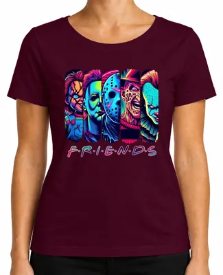 Obrázek produktu pro Horor Friends Neon Chucky Michael Myers Jason Freddy Pennywise Damen T-Shirt, Burgundy, S