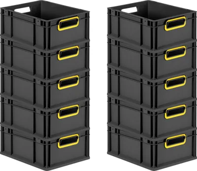 Produktbild von SuperSparSet 10x Eurobox NextGen Color | HxBxT 17x30x40cm | 16 Liter | Griffe gelb offen | Schwarz | Eurobehälter, Transportbox, Transportbehälter, Stapelbehälter