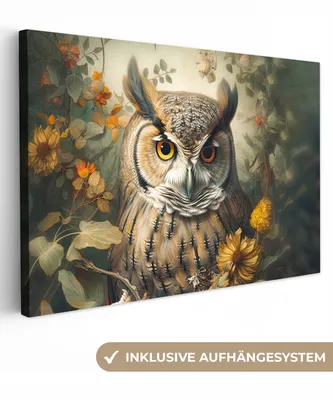 Produktbild von MuchoWow® - Leinwandbilder - Eule - Vögel - Blumen - Natur, Wandbild, Wanddeko Bilder Wohnzimmer, 60x40 cm