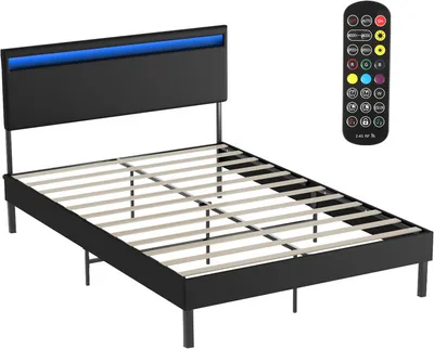 Produktbild von Clanmacy Bettgestell hohes Kopfteil robustes Bettgestell Maximale 140x200CM Tragfähigkeit 350 kg für Schlafzimmerbett Kunstleder LED-Beleuchtung Mit Fernsteuerung
