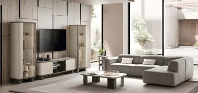 Zdjęcie produktu dla Stylowe meble do salonu Elegancka sofa w kształcie litery L 2x witryny Stolik kawowy