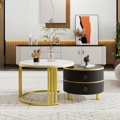 Obrázek produktu pro Merax, sada konferenčních stolků 2 v 1, kulatý design, konferenční stolek s 2 zásuvkami, stolek s povrchem imitujícím mramor, boční stolek vyrobený z MDF, černá barva