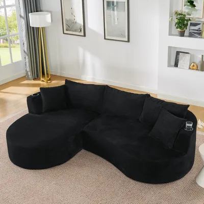 Immagine prodotto di DIVANO MODFU: Chaise longue sinistra a 3 posti, con cuscini e portabicchieri, divano da salotto con design curvo, divano letto reclinabile in velluto, colore nero