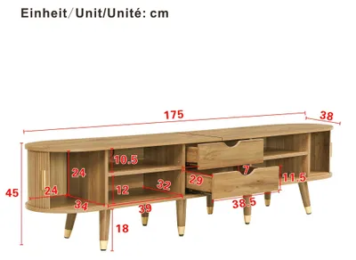 Image de Meuble TV bas - Meuble de rangement pour télévision - Design marocain moderne pour le salon - Avec espace de rangement et étagères - 175x38x45 cm - Aspect bois