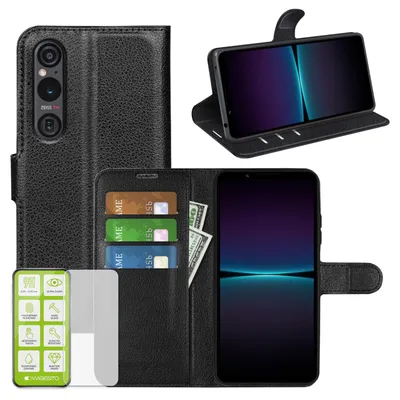 Image de Étui de téléphone portable en similicuir « Book Wallet » pour Sony Xperia 1 VII, noir + verre de protection 9H