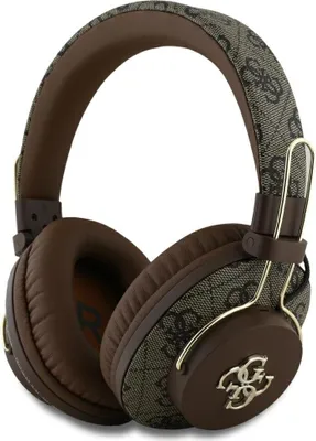 A pair of brown headphones with a patterned headband and gold accents.