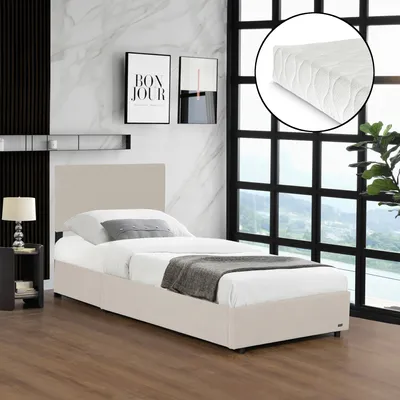 Obrázok produktu pre Čalúnená posteľ "Juva" jednolôžko s matracom a sklopným lamelovým roštom 90 x 200 cm Šnúra béžová
