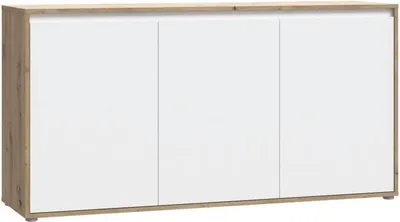 Image de Buffet Skelpe, Blanc Mat et Chêne, 3 Portes, 3 Tablettes, 152,6 x 42 x 78,5 cm