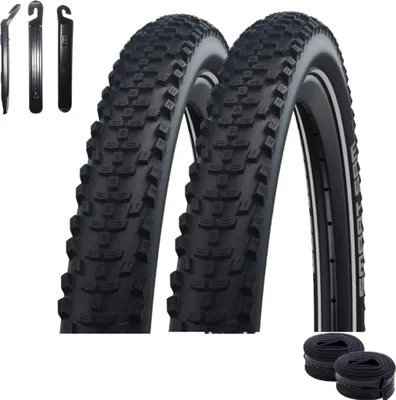Zdjęcie produktu dla 2 x opony rowerowe Schwalbe Smart Sam Addix DD Performance Line czarne/odblaskowe 65-622 (29 x 2,60) + 2 x dętki Schwalbe SV19F wraz z łyżkami do opon