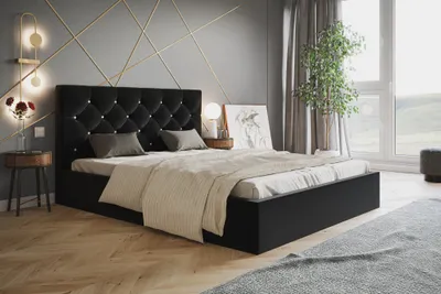 Obrázok produktu pre Čalúnená posteľ s úložným priestorom 180x200 Molly – kovový rošt, posteľ do spálne – dizajnová posteľ, velúrová látka čierna