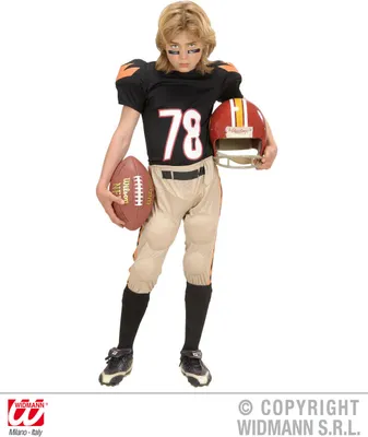 A child dressed as an American football player, holding a football and helmet.