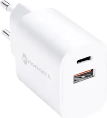 A white USB charger with two ports.