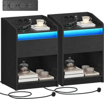 Image de Ensemble de deux tables de chevet avec éclairage LED, station de recharge, ports USB et un tiroir de rangement