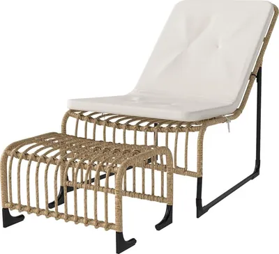 Image de Fauteuil relax en rotin avec repose-pieds, résistant aux UV, fauteuil de jardin avec coussins, sangles, chaise en rotin d'extérieur, chaise de jardin pour le jardin, le balcon, la terrasse, bois naturel,
