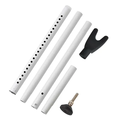 Several white cylindrical poles and two black accessories are arranged diagonally on a white background.