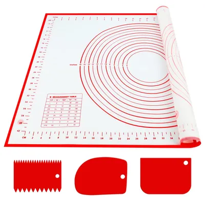 Image de Grand tapis de cuisson en silicone (70 x 50 cm), revêtement antiadhésif, rouleau à pâtisserie avec mètre ruban et 3 spatules, accessoires de pâtisserie réutilisables pour la pâte, le fondant, les macarons, les biscuits et les pizzas