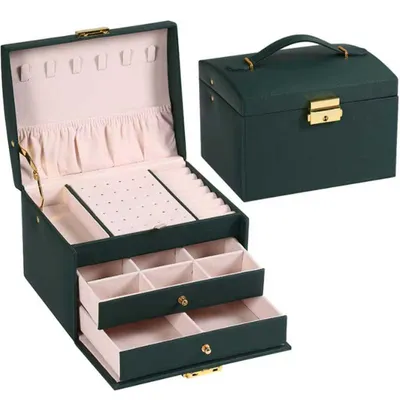 Productafbeelding van Groene sieradendoos met 3 lades en slot, elegante opbergdoos