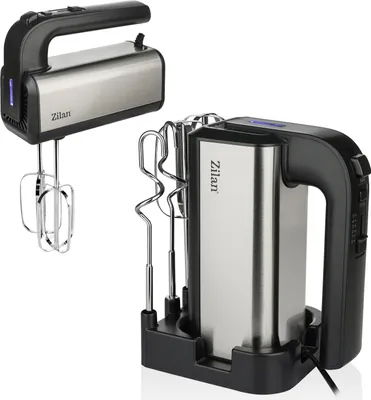 Produktbild von Zilan Handmixer 500 Watt – Elektrischer Handrührer mit Basisstation, 5 Geschwindigkeiten & Turbo, inkl. 2 Rührhaken und 2 Knethaken, leise, Überhitzungsschutz