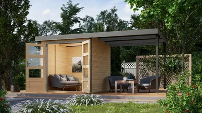 Produktbild von Karibu Gartenhaus Hybridhaus Metall Jupiter 2 im Set mit Anbaudach ca. 2,35 m breit naturbelassen 438x213x208,5 cm