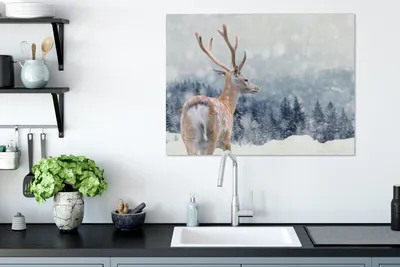 Produktbild von MuchoWow® - Leinwandbilder - Winter - Hirsche - Tiere, Wandbild, Wanddeko Bilder Wohnzimmer, 80x60 cm